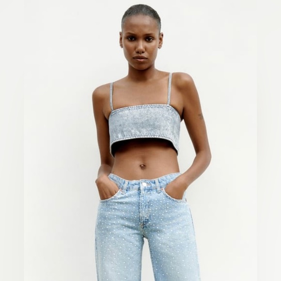 Zara RHINESTONE DENIM CROP TOP XS - S - Picture 2 of 5